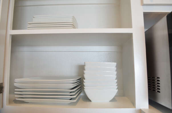 All matching bowls and plates- everything is new, clean and ready for your stay!