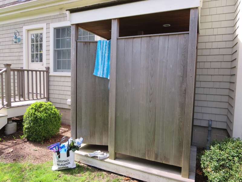 Enclosed outdoor shower with hot and cold water-161 Bay Lane Centerville Cape Cod - New England Vacation