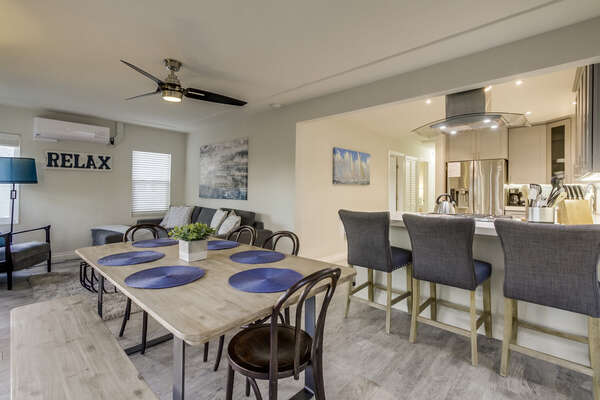 Dining Table, Chairs, Kitchen Bar, Stools, Ceiling Fan, Sofas, and AC.