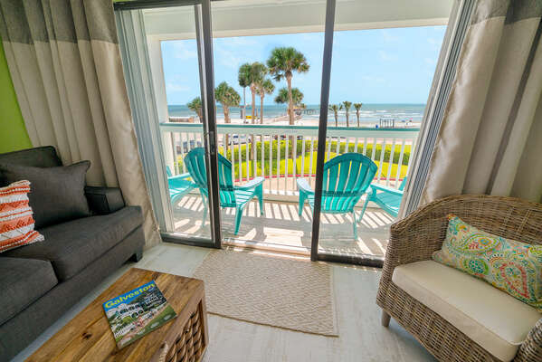 Look at that view!! Nothing in your way, just the beach, ocean and good vibes! Room darkening shades for a great night's sleep on the BRAND NEW sleeper sofa!