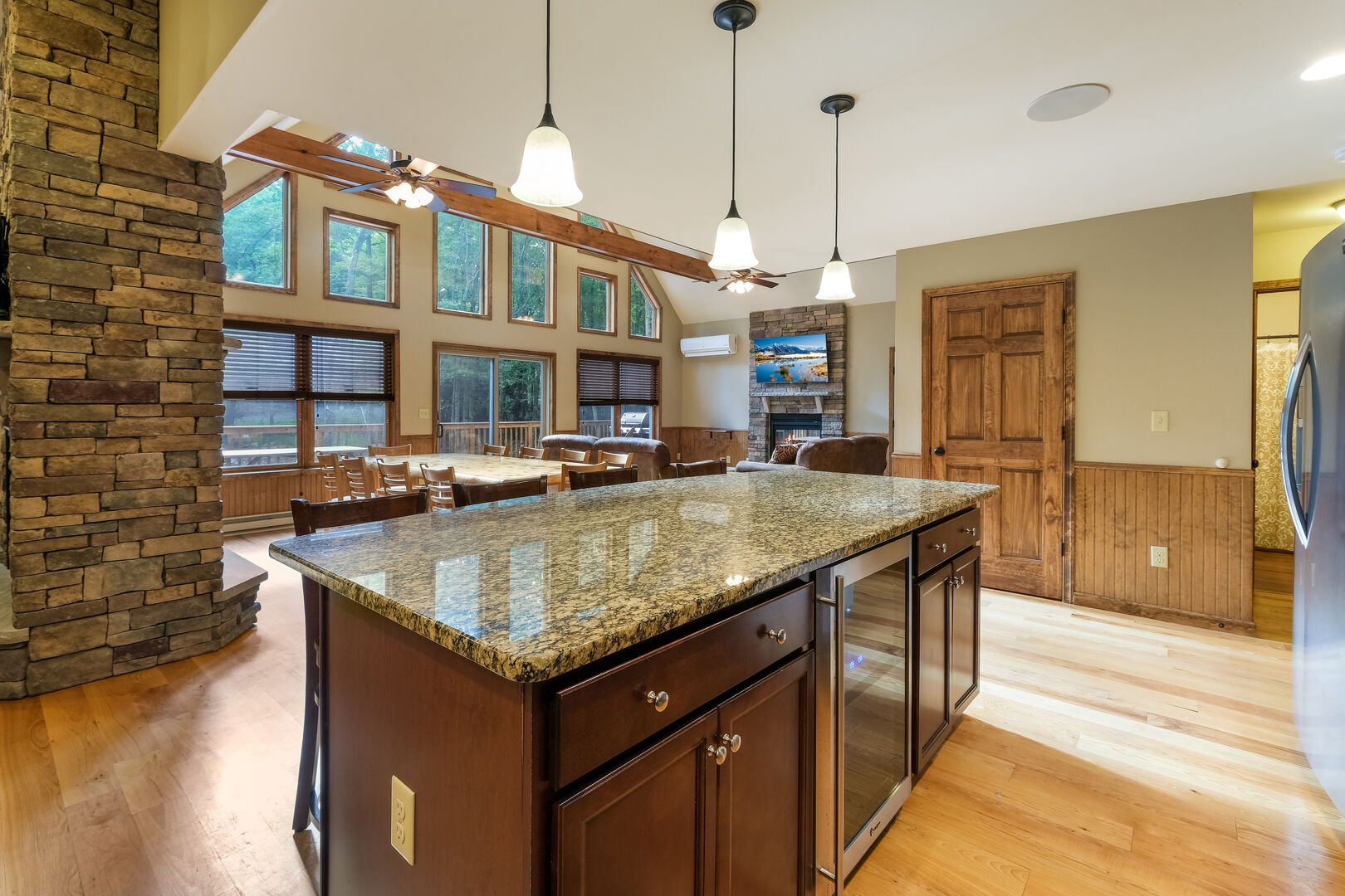 A picture of the granite counter-top kitchen island, facing the dining room and great room.