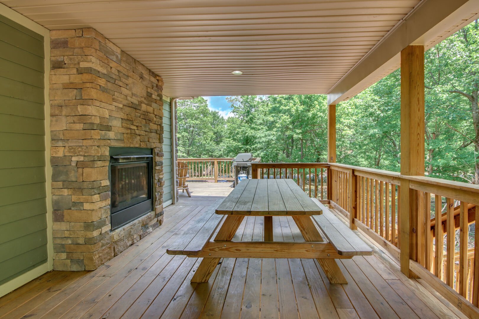 Deck with Bench Seating and Fireplace