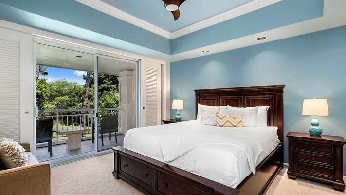Guest bedroom suite with King bed, ceiling fan and private lanai
