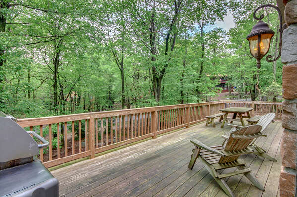 Outdoor Patio with Grill, Chairs, Picnic Table and Forest View.