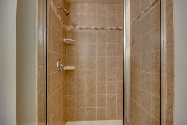 Shower with Glass Door Open of our Lake Harmony Vacation Home.