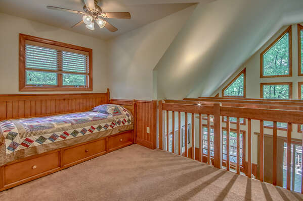 One Bed on the Upper Floor with Ceiling Fan.