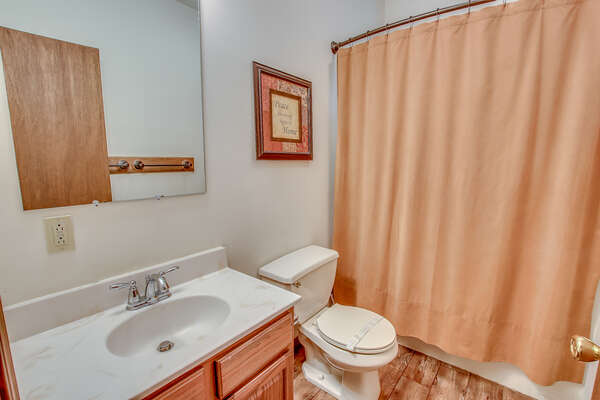 Bathroom with Shower Curtain, Sink, Mirror, and Toilet.