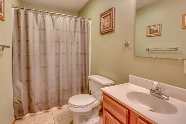 A picture of the bathroom with the toilet, sink, and shower (with curtain closed) in shot.
