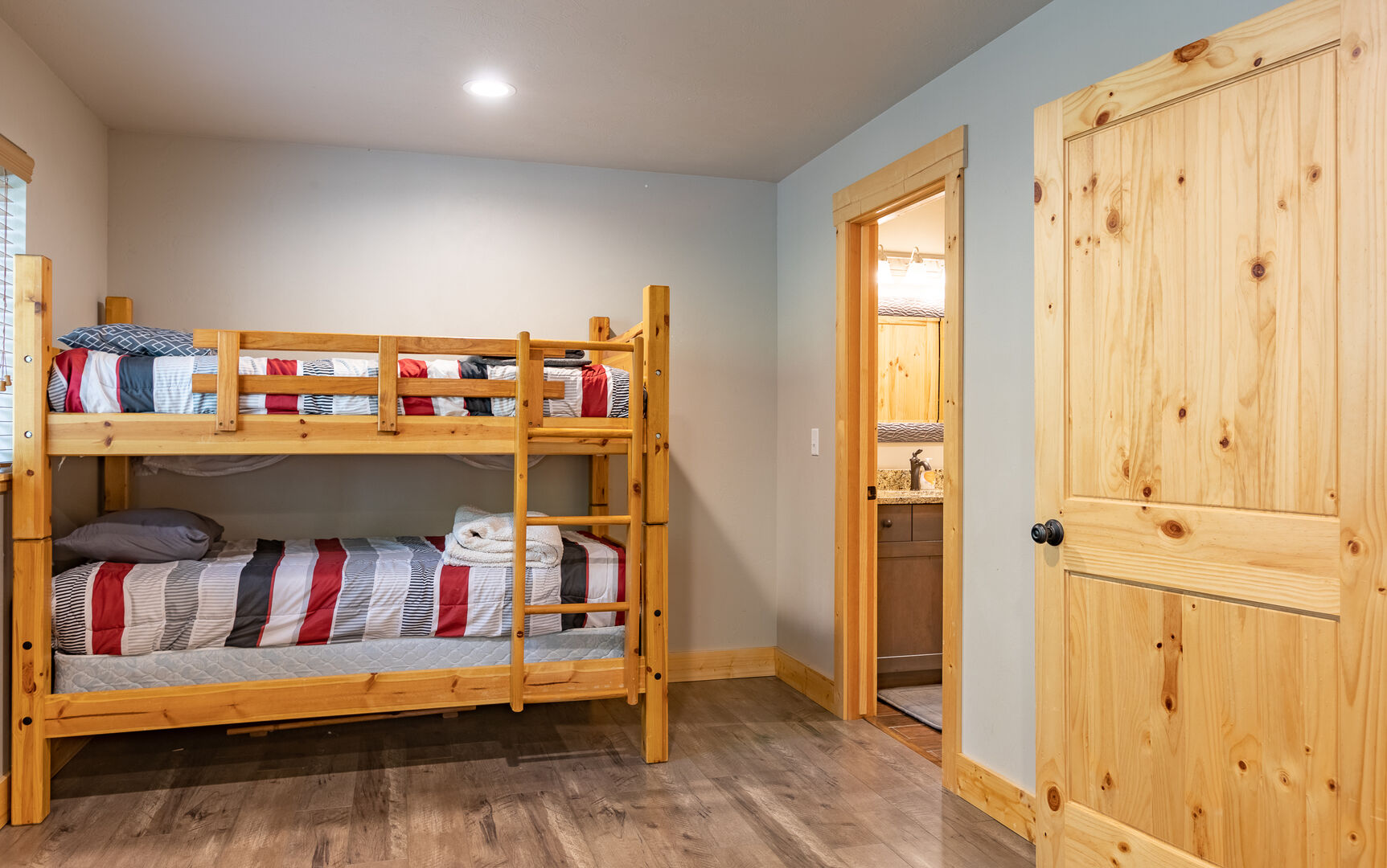 Buck Buck Moose ~ Bedroom #8 on upper level w/ single over single and double over double bunk beds w/ private entrance to shared bathroom