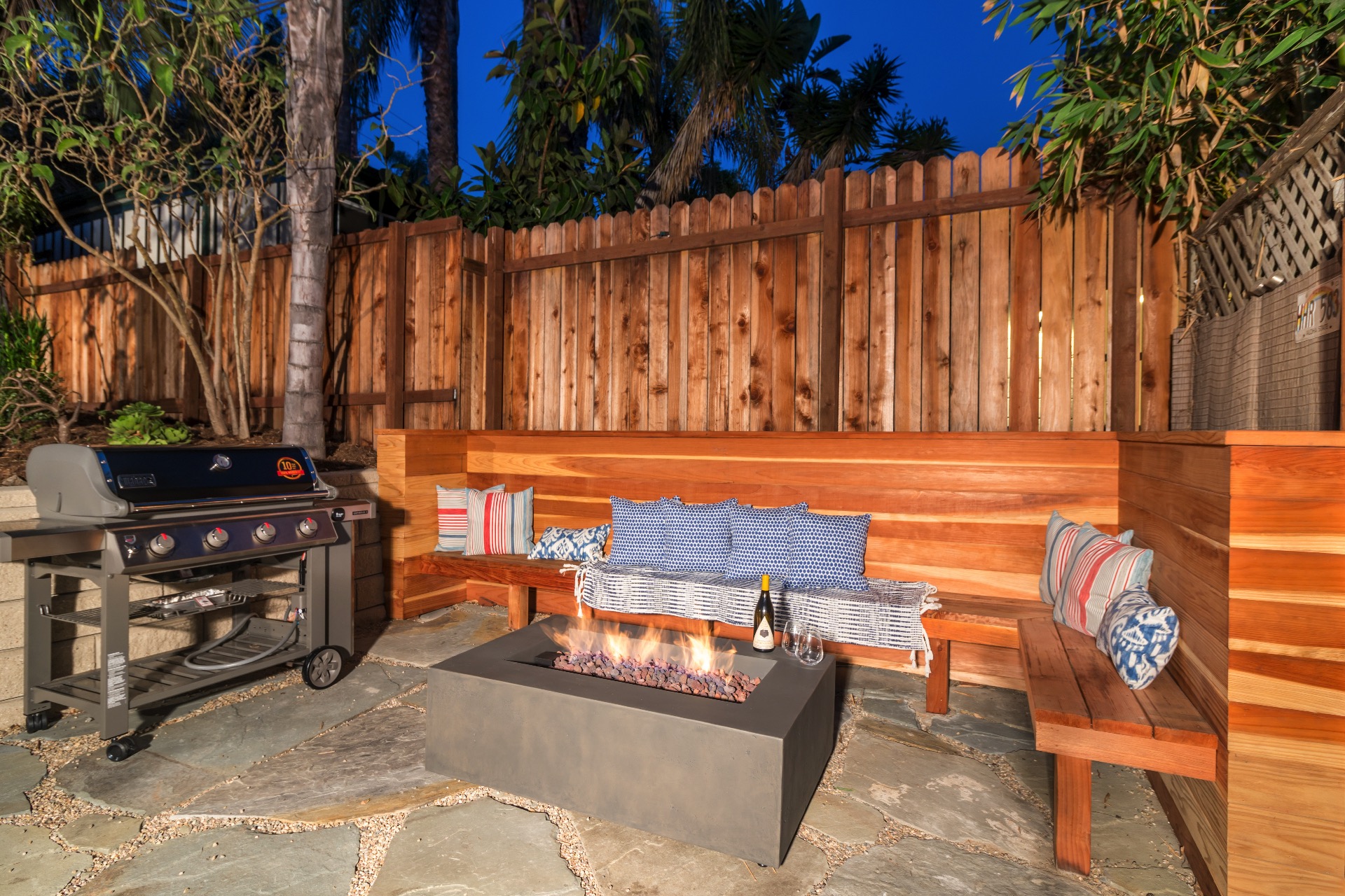 Genesis II Gas Grill, Cozy Fire Table and a Custom Made Wooden Bench