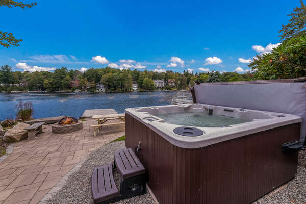 Hot Tub Area with Water View in our Poconos Lake View Vacation Rental.
