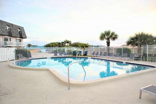 Beautiful spacious oceanfront heated pool with a great view.