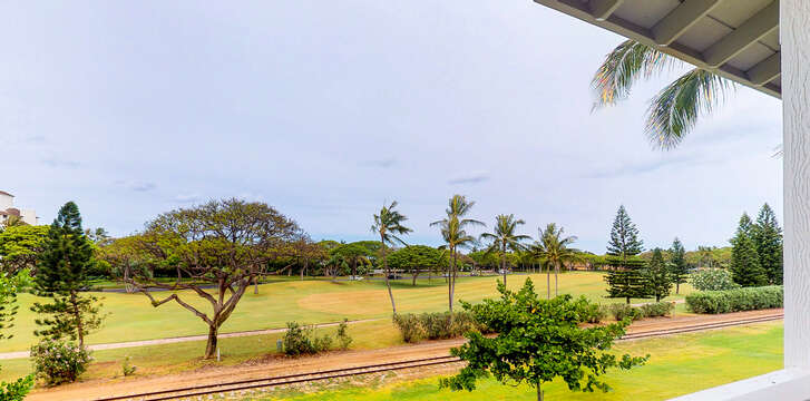 The Golf Course from your ko olina vacation rental's 2nd Floor Lanai.  Wave to the tourists as they pass through the resort on an open-air train 2 or 3 times per week
