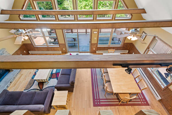 bird's eye view of living room sofas and tables