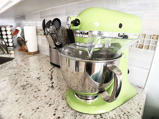 Lime Green KitchenAid Stand Mixer to brighten up your day! Bake some cookies while hanging out!! Follow us social media for recipes to try during your stay!