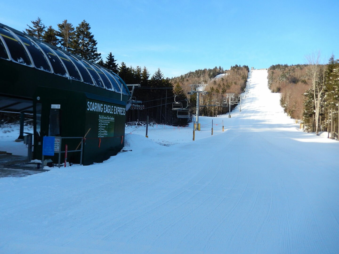 Ride up Soaring Eagle Lift, turn right at the top, ski about 200 yards and you're home at Loggers Run 8.