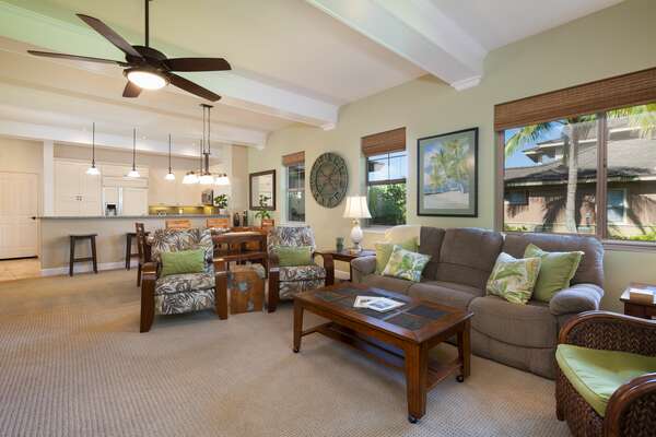 Sofa, Accent Chairs, Coffee Table, and Ceiling Fan