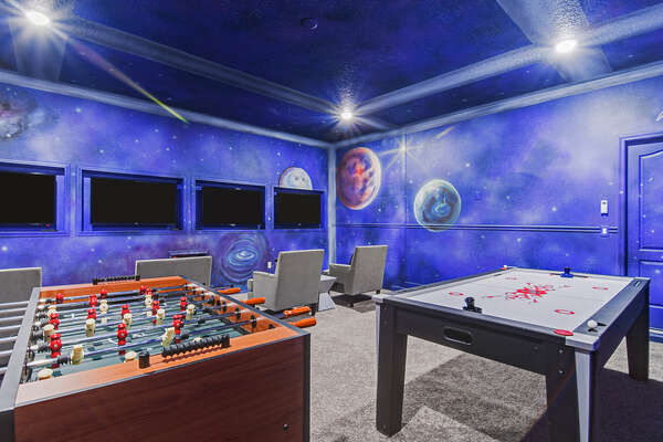 Featuring air hockey, foosball and 4 TVs connected to an Xbox One and PS4