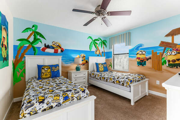 Kids will love this bedroom with custom artwork of their favorite characters and two twin beds
