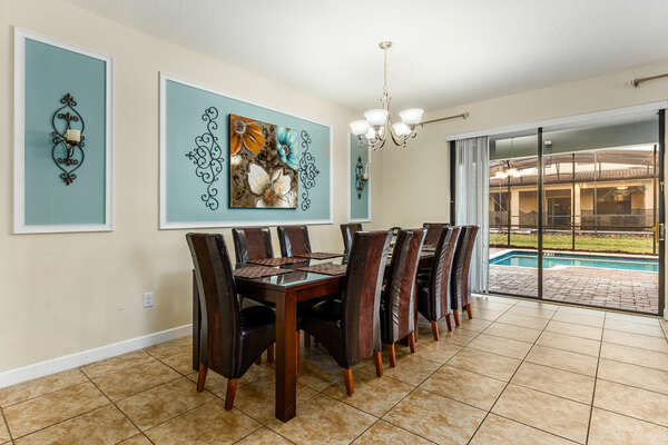 The whole family can sit down together to enjoy meals in the dining room that seats 10