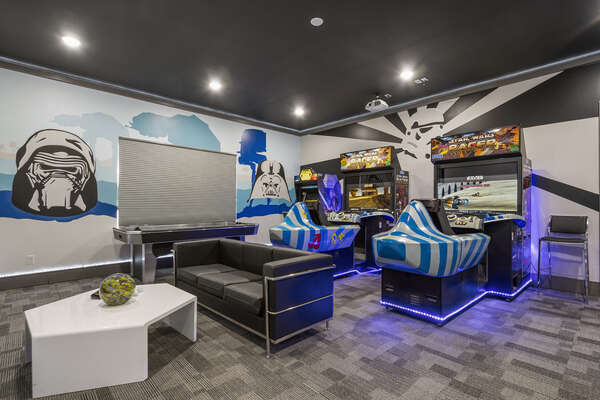 Featuring an air hockey table, two Star Wars Racers and a Star Wars multi arcade game