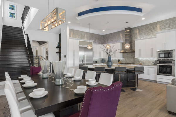 The dining and kitchen space flow beautifully together
