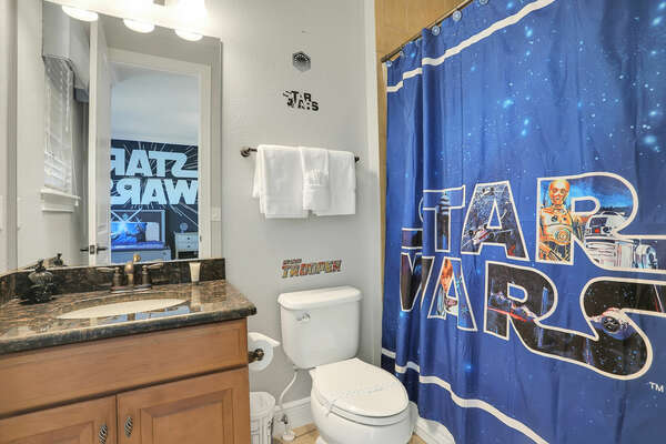 The galaxy themed room has its own private bathroom