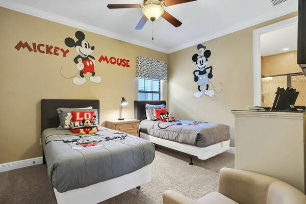 One of the kids themed room includes 2 twin beds with a bathroom that connects to the loft