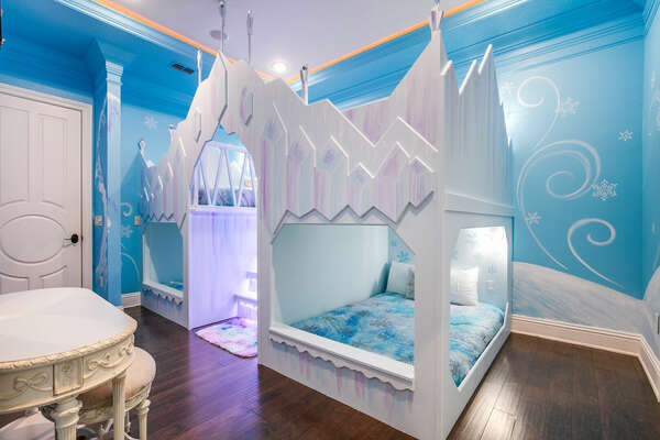 Frozen custom themed bedroom with 4 full sized beds