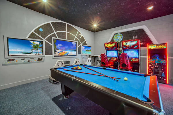 The ultimate games room with a 70-inch SMART TV, two 50-inch SMART TVs, Xbox One and PlayStation 4