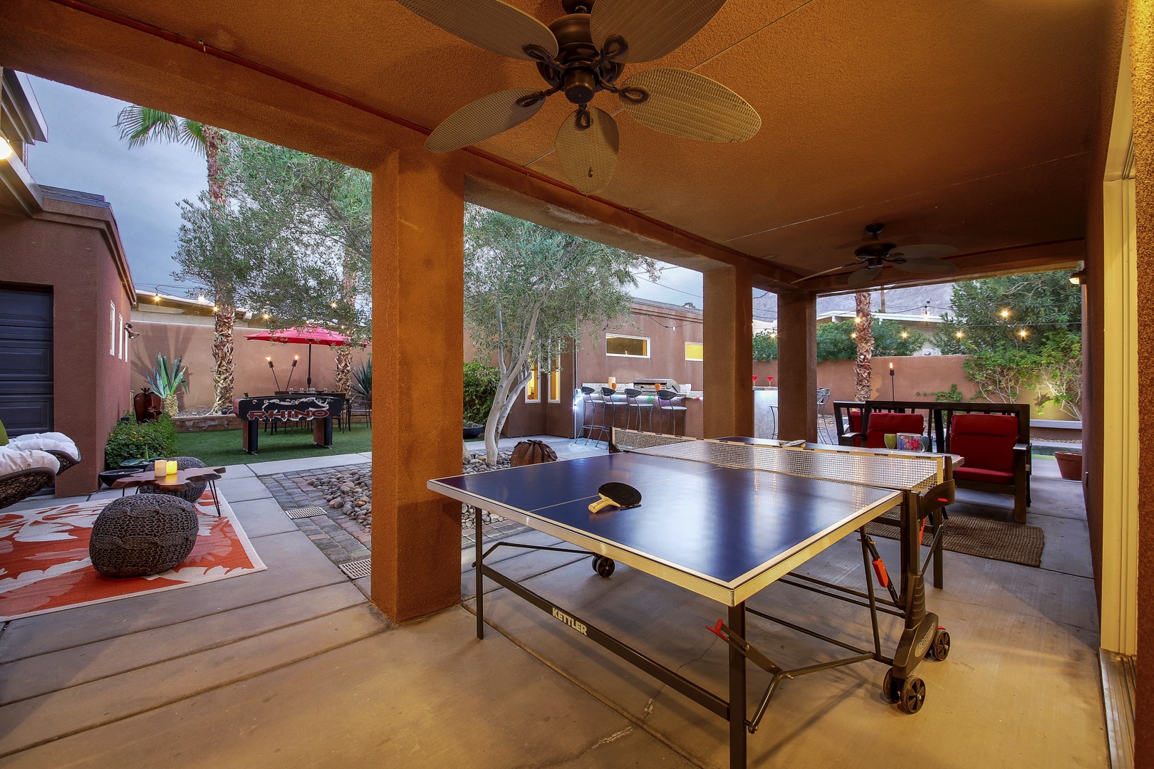Challenge a friend to a ping pong tournament, stay cool under the outdoor fan.