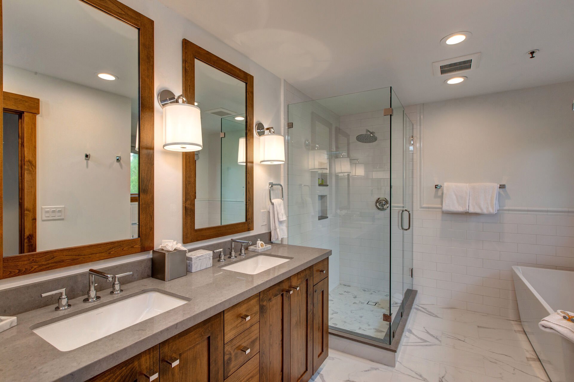 Renovated Main Level Master Bath with Double Sinks, Large Soaking Tub and Separate Shower