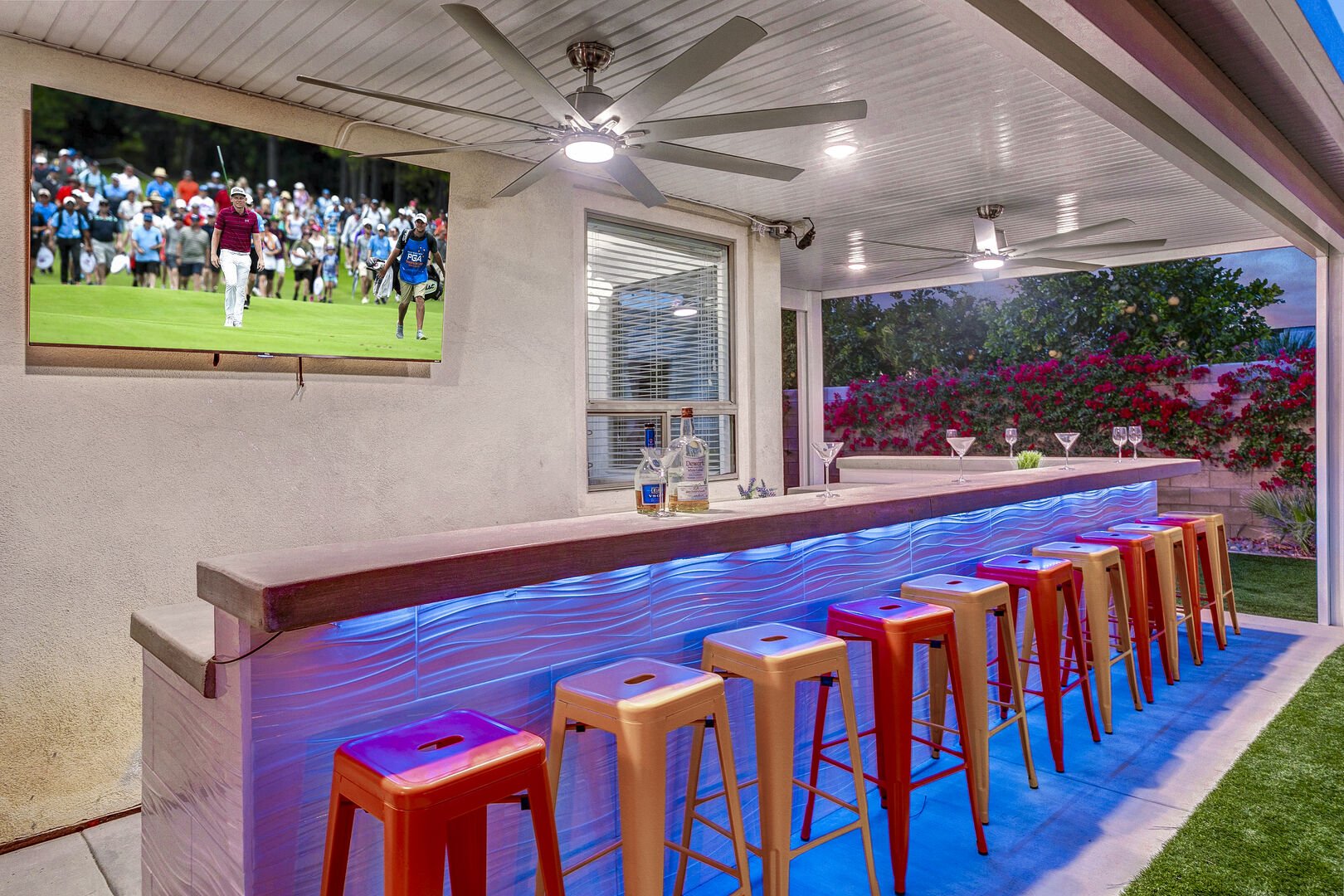 Keep the fun going and watch the latest game from the outdoor TV and stay cool under the lighted ceiling fan.