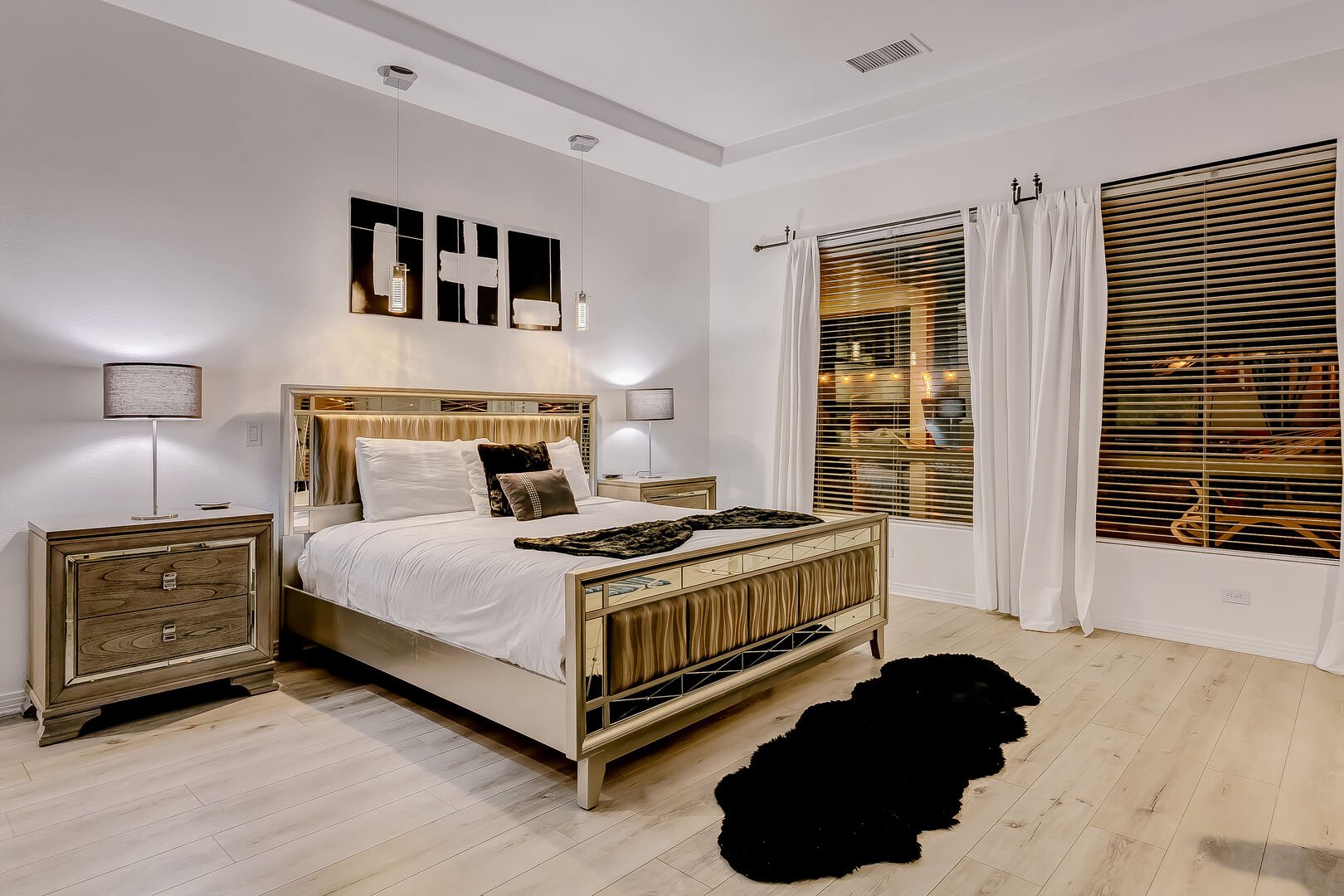 The master closets are so BIG, they each have fully made twin beds in them (these beds are NOT listed in the final bed count and are for overflow sleeping ONLY). The master bedroom has it's own separate access to the back yard!
