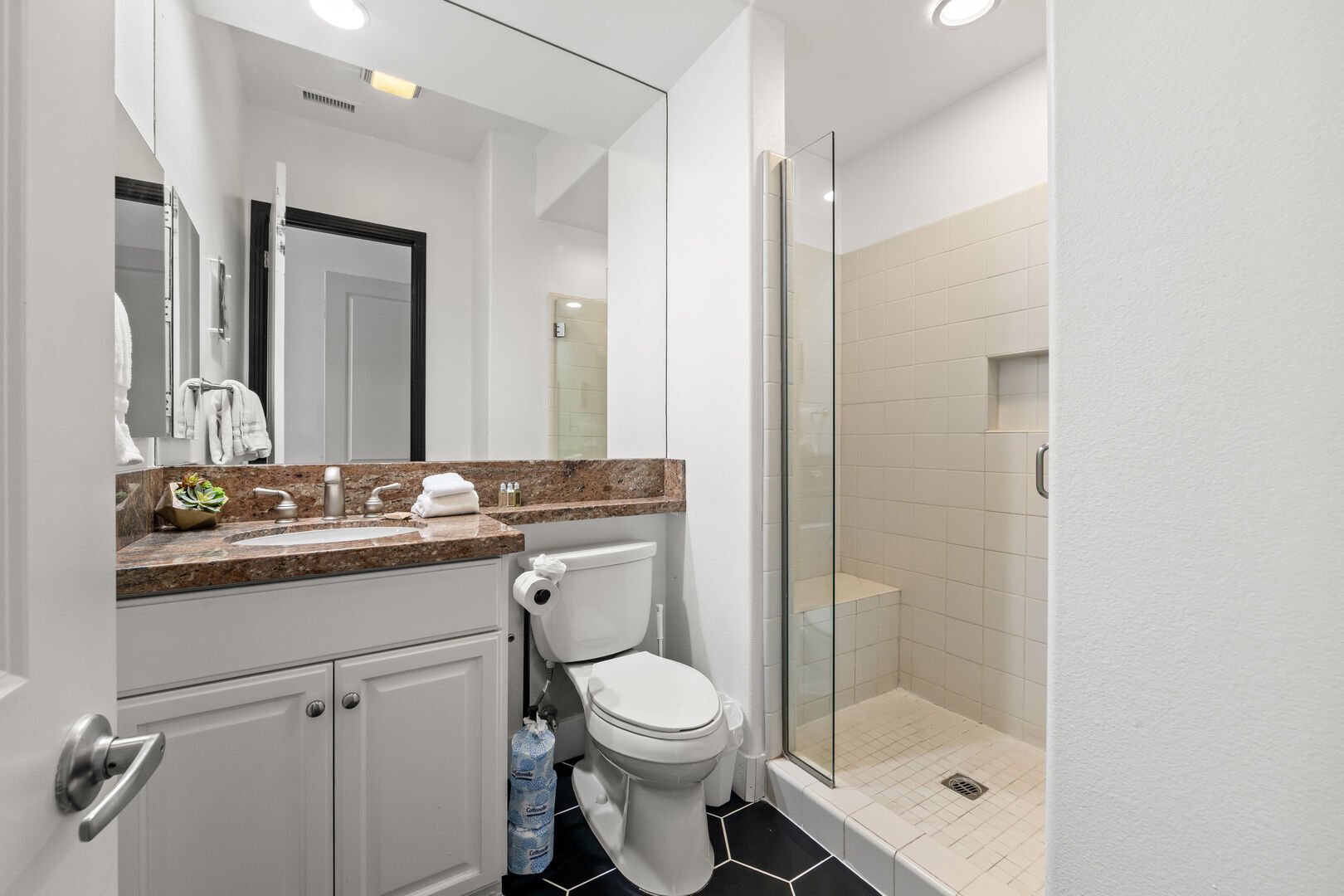 The hallway bathroom features a tile shower and granite countertop.