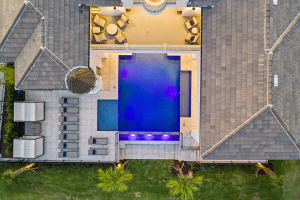 The Aerial view from above with exterior lighting