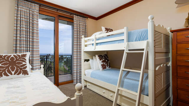 Third Bedroom has Twin Single Bed/Twin Bunk Beds and Private Lanai Access with Great Ocean Views