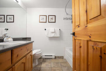 Primary bathroom with shower over tub