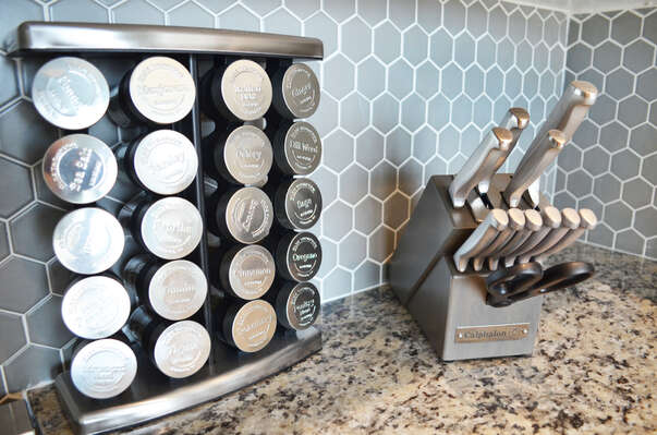 Spices to make cooking easy!  A full knife block including scissors!!  We want to provide you with everything you need to make your vacation easy!