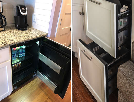 Custom kitchen for maximum counter space with drawer fridge/freezer and additional under the counter fridge- lots of storage for groceries and leftovers of that amazing Galveston food!