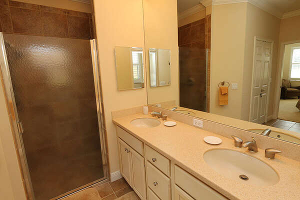 Double sink and walk in shower in the master bath