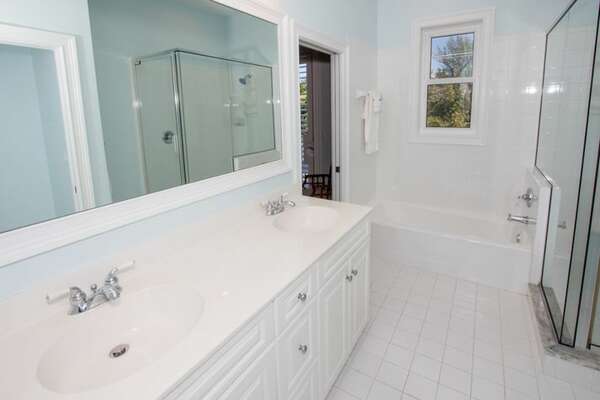Nicely updated master bathroom with enough room for his and her areas!