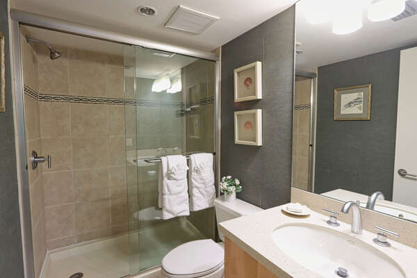 Guest bathroom with single vanity and a walk-in shower