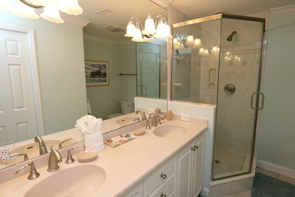Double vanity and shower in master bathroom