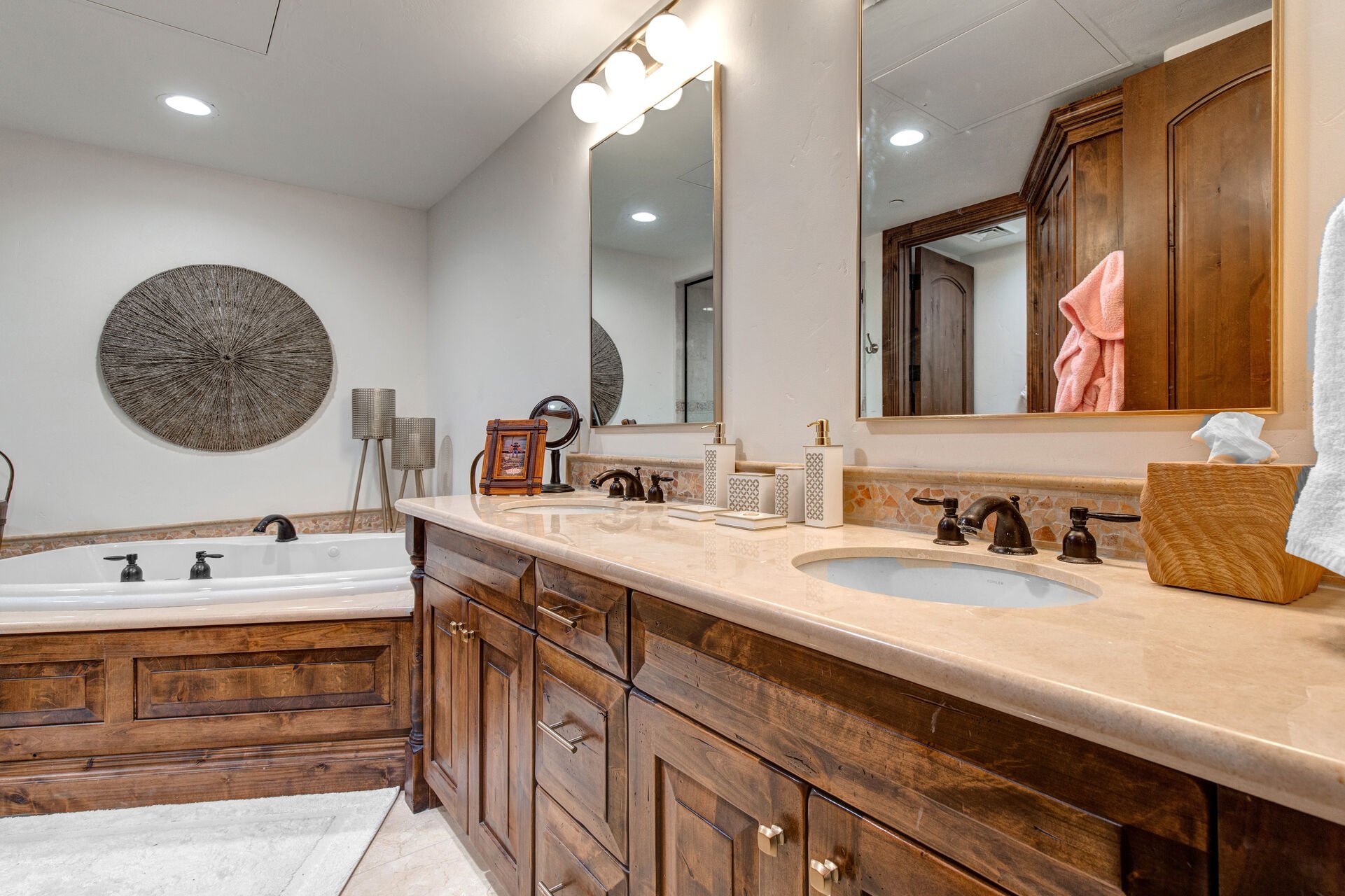 Grand Master Bath with Dual Granite Counter Sinks, and a Jetted Tub, Steam Shower and Water Closet