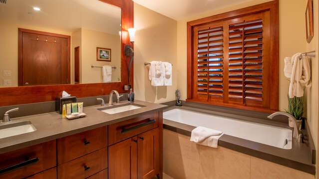 The Bath has a Large Soaking Tub and a Large Walk-in Shower