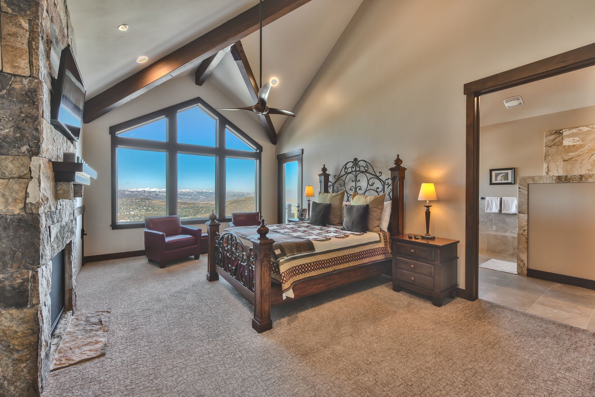 Master Suite 2 has a Queen Bed, a Large Walk-in Closet with a Twin Day Bed and Twin Trundle, Both with Memory Foam Mattresses, a Private Bath and Patio, and Stunning Views