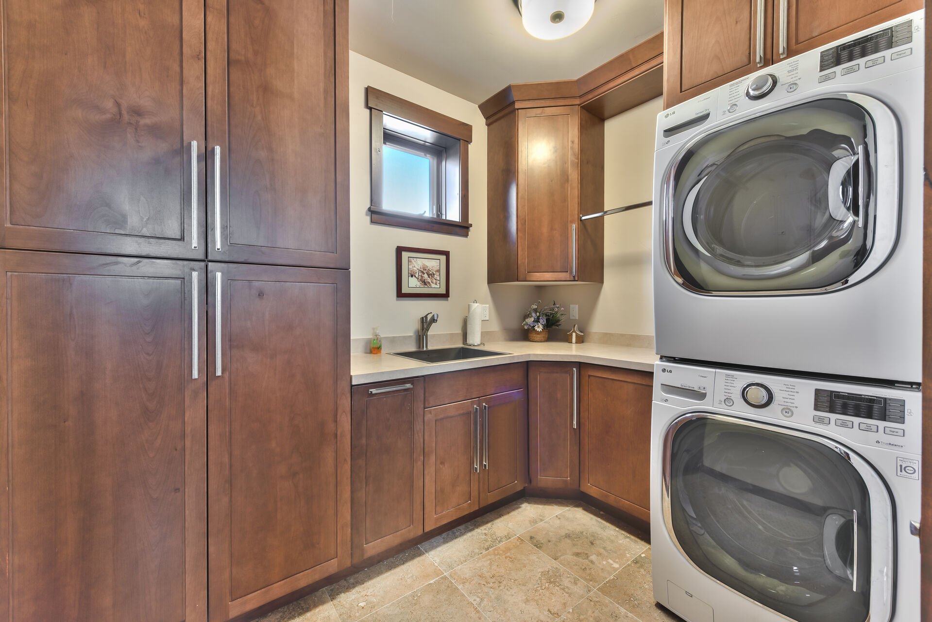 Lower Level Laundry Room with Full Size Front Load Washer and Dryer with Sink and Hanging Rack