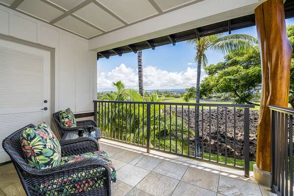 Primary Bedroom Lanai with Seating at Mauna Lani Rentals