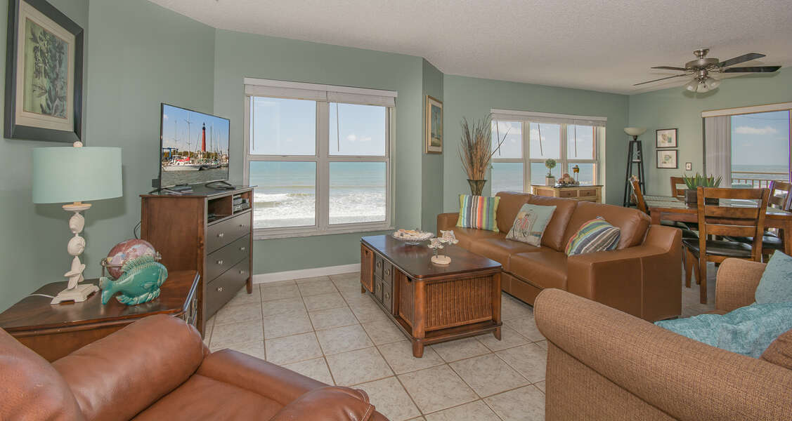 Relax and enjoy the ocean front view or watch your favorite show on the large flat screen TV.